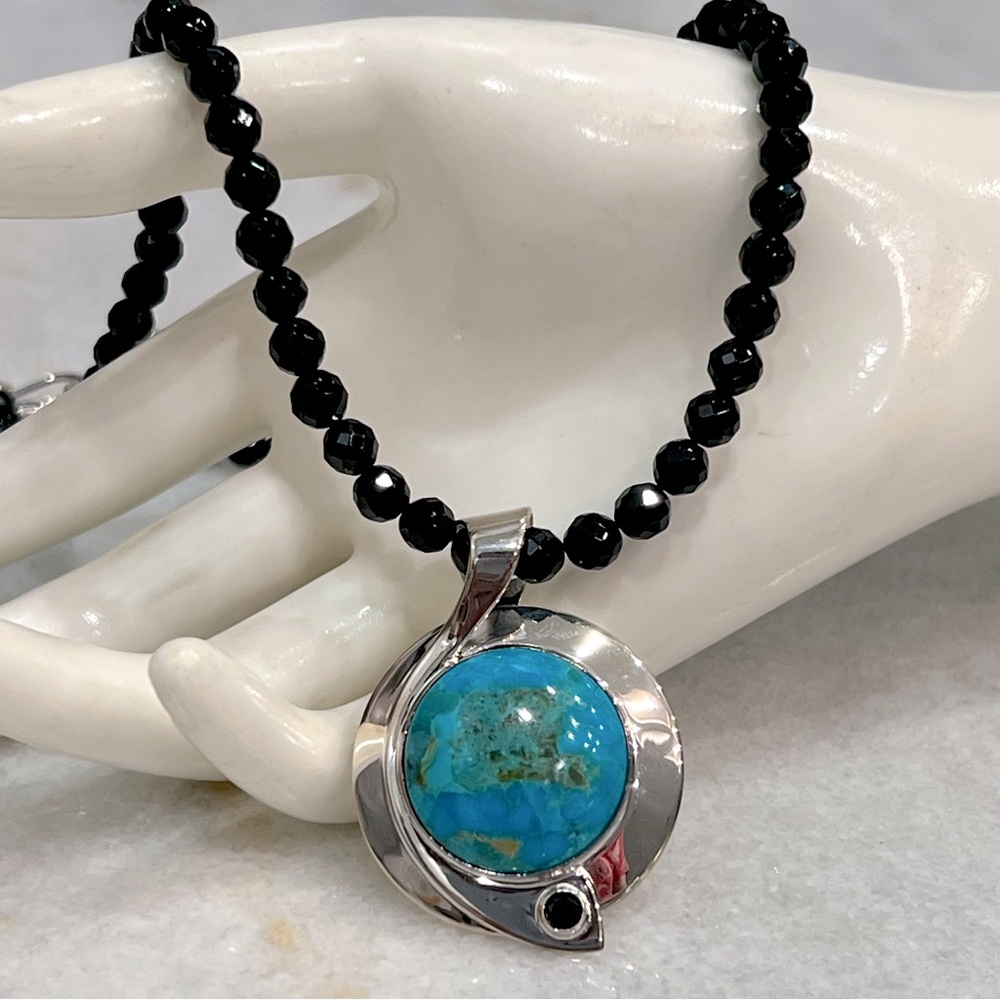 Kingman Turquoise Thai Black Spinel Sterling Silver Pendant Necklace